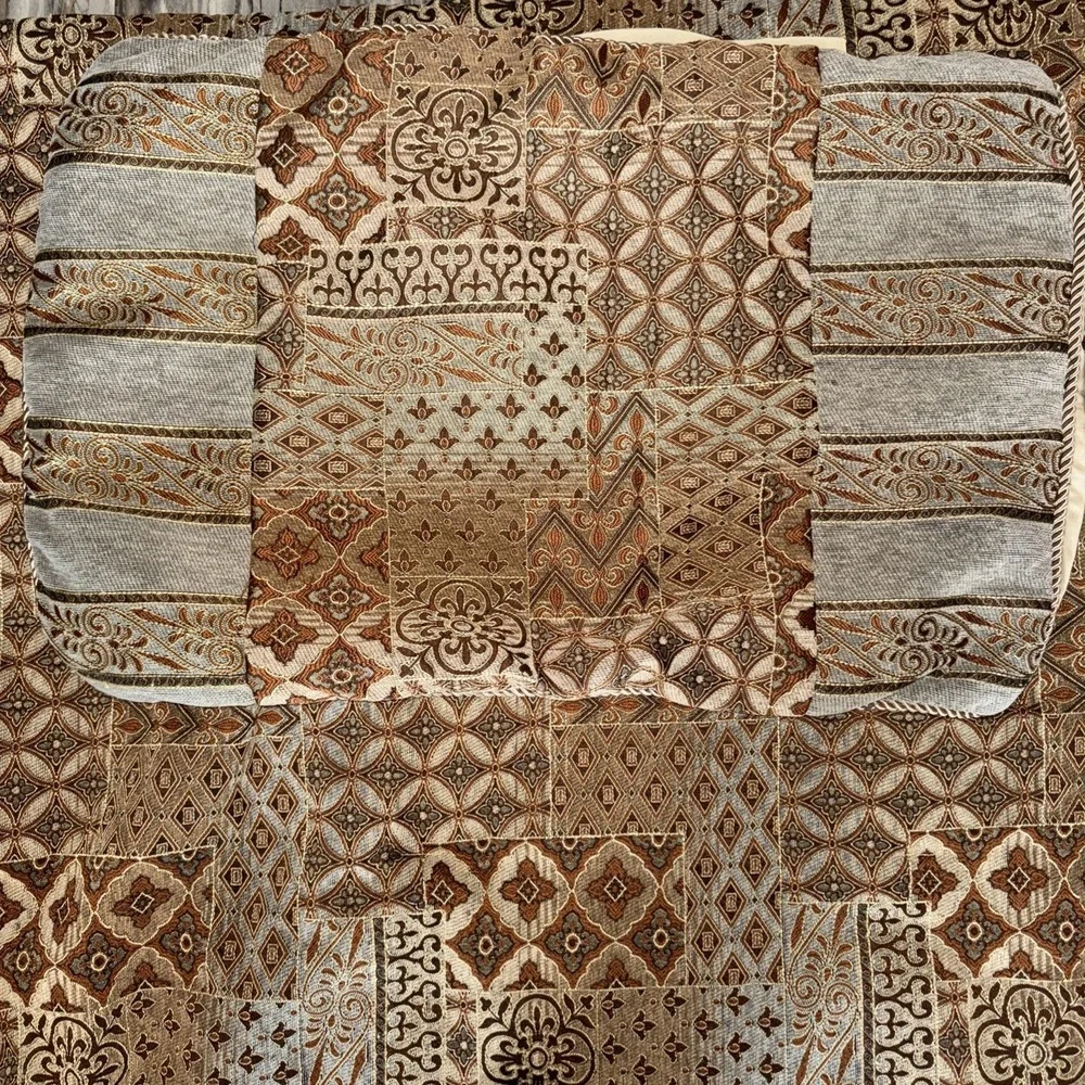 Vintage Brocade Fabric Bedspread Queen Shams Decorative Pillows Gold Tan Browns